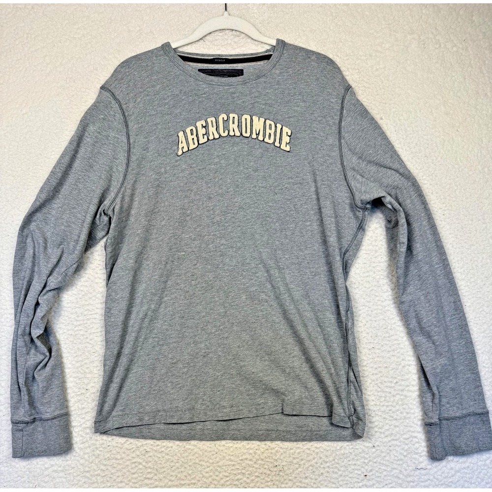 Abercrombie & Fitch Shirt Mens XL Gray Muscle Fit Logo Long Sleeve Tee Crewneck